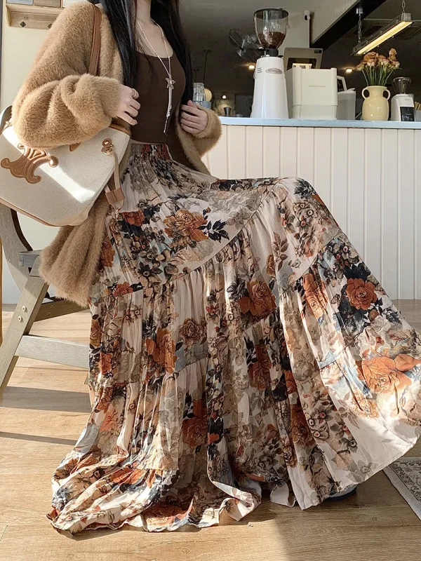 Gonna a pieghe floreale di alta qualità Donna Retro A Line Gonne lunghe Donna 2025 Autunno Inverno Vacanza Festa Big Swing Maxi Faldas 3