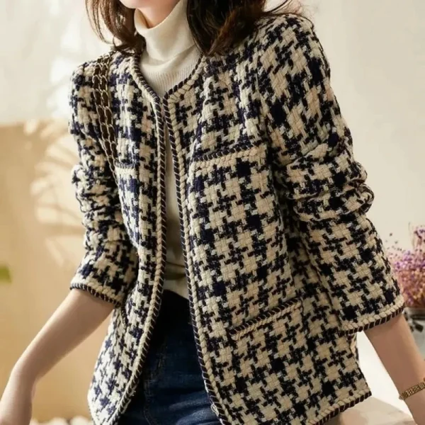 Giacca da donna a maniche lunghe con o-collo vintage scozzese con linea luminosa in seta brillante con bottoni ricoperti Cappotto corto da donna 5