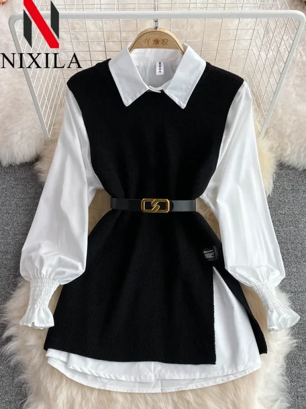 Set da donna chic in 2 pezzi che riduce l'età, camicia bianca a maniche lunghe, maglione, vestibilità ampia, gilet in maglia, pullover, moda primavera autunno 1