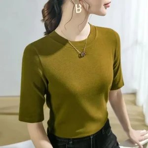 T-shirt senza maniche da donna nuovo stile coreano Manica a cinque quarti Strato base in tinta unita Top dimagrante versatile 1