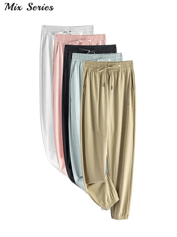 Pantaloni casual ad asciugatura rapida in seta di ghiaccio pantaloni sportivi in vita elastica con coulisse allentata 2024 autunno nuova moda femminile abbigliamento sportivo 6