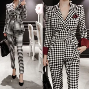 Completo Blazer scozzese Slim Fit da donna Set Casual Office Lady Single Button elegante Blaiser Mujer 2022 nuovo Blazerpants pied de poule 1