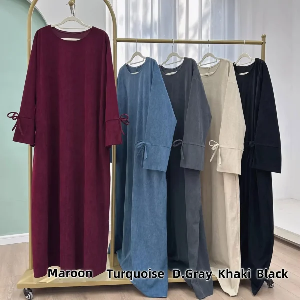 Inverno Velluto A Coste Fiocco Nodo Manica Abaya Donne Abito Musulmano Abbigliamento Modesto Donne Abaya Femmes Robe Musulmane Robes Abiti di Preghiera 4