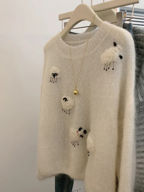 Maglione casual bianco per le donne 2025 Nuovo O-Collo a maniche lunghe Pullover in maglia calda Autunno Inverno Coreano Simpatici animali Top di lana 3