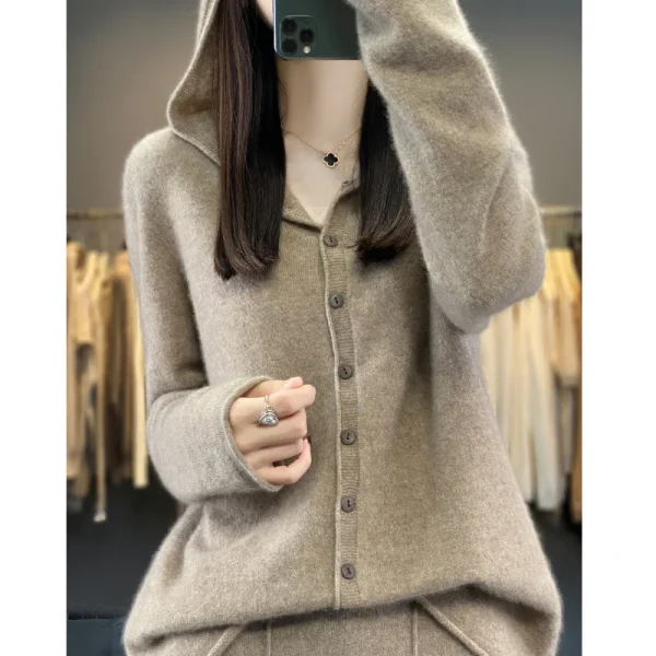 Cardigan lavorato a maglia in lana merino 100% prima linea Felpa con cappuccio autunno e inverno da donna Maglione allentato Cappotto versatile alla moda Top YC014 3