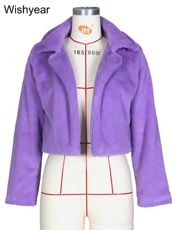 Moda pelliccia sintetica punto aperto risvolto giacche Crop abbigliamento donna autunno inverno solido manica lunga caldo peloso soffice cappotto esterno usura 5