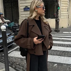 Trench corto solido per donna Giacche a maniche lunghe doppio petto con lacci 2025 Autunno Inverno Moda alta streetwear Lady 1