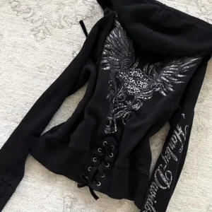 Y2K Felpa con coulisse design gotico con cerniera nera Giacca da donna Cappotto Harajuku Lettera Grafica Felpa con cappuccio sottile sexy Abbigliamento autunnale 1