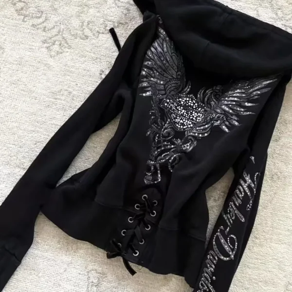 Y2K Felpa con coulisse design gotico con cerniera nera Giacca da donna Cappotto Harajuku Lettera Grafica Felpa con cappuccio sottile sexy Abbigliamento autunnale 1