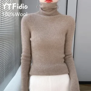 YTFidio 100% lana donna collo a pelo a righe colletto a pelo maglioni a maniche lunghe Pullover solido maglieria Basic 99 1