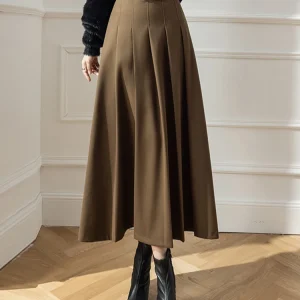 Gonna lunga a pieghe in lana invernale Moda coreana a vita alta A-line Office Maxi gonne Cintura femminile Marrone Nero Grigio Falda Plisada 1