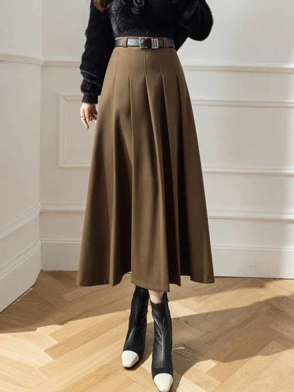 Gonna lunga a pieghe in lana invernale Moda coreana a vita alta A-line Office Maxi gonne Cintura femminile Marrone Nero Grigio Falda Plisada 1