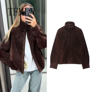 TFMLN Nuovo Autunno Inverno Giacca Allentata da Donna Manica Lunga Ritagliata Cerniera Giubbotti Moda Cappotti Caldi Capispalla Casual ﻿ 1
