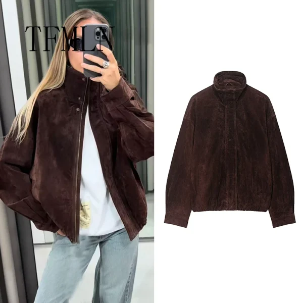 TFMLN Nuovo Autunno Inverno Giacca Allentata da Donna Manica Lunga Ritagliata Cerniera Giubbotti Moda Cappotti Caldi Capispalla Casual ﻿ 1