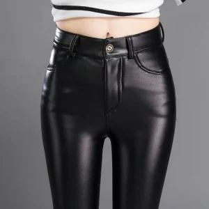 Pantaloni skinny in pelle elasticizzata per donna Pantaloni casual in velluto invernale in pile Leggings a matita femminili caldi e spessi Vita alta autunnale 1