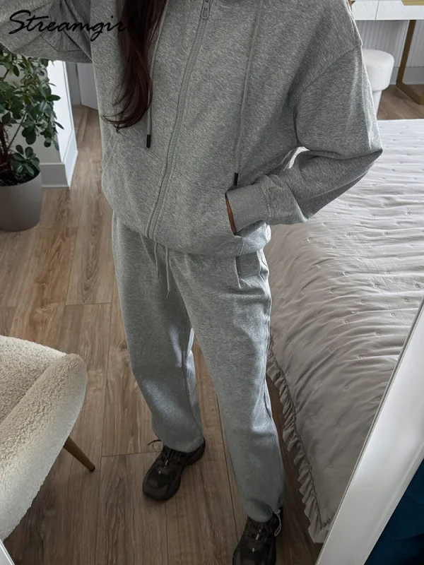 Set di pantaloni sportivi autunnali Felpa oversize bianca da donna con cerniera e tute con cappuccio Set da donna Pantaloni sportivi grigi in due pezzi 6