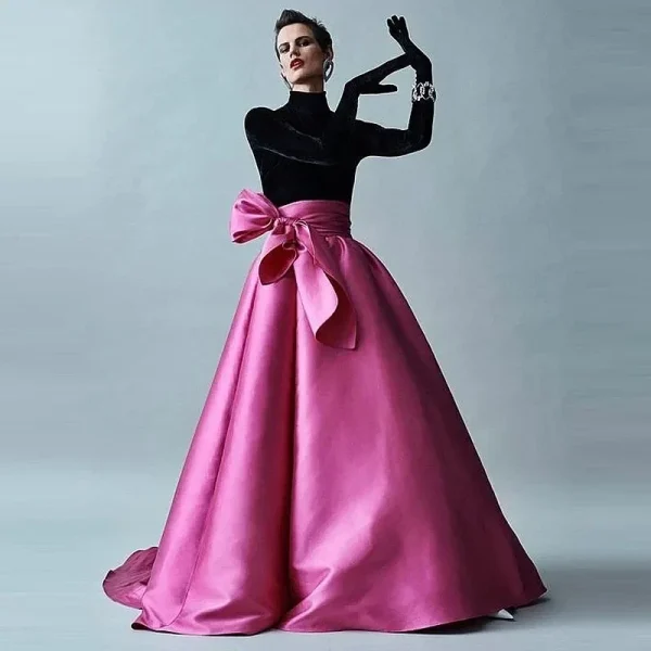 High Quality Puffy Satin Maxi Skirt with Bow Women Floor Length Long Formal Skirt Fuchsia Silk Taffeta Evening Party Skirts 1