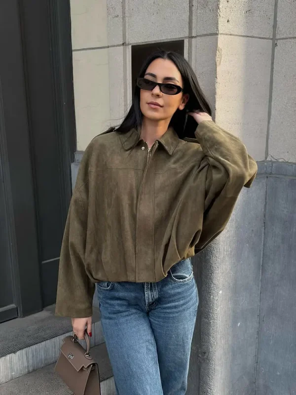 HH Nuove Donne Autunno Causale Allentato Pelle Scamosciata Texture Giubbotti Maniche Lunghe Solido Risvolto Cerniera Fly Cappotto Femminile di Moda di Strada Cappotti 5