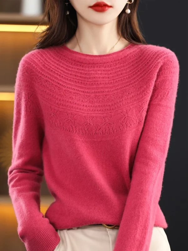 Vendita calda Slash Neck Classics scava fuori 100% Cashmere lana Merino donna senza soluzione di continuità Casual maglione allentato Pullover abbigliamento 4
