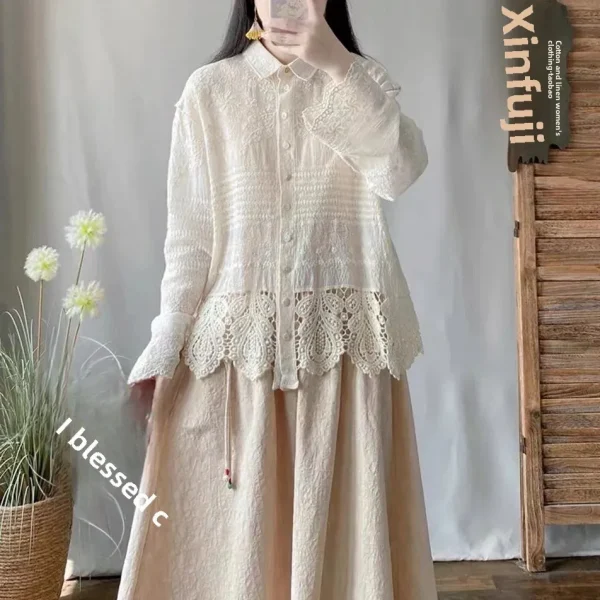 Camicia elegante patchwork in pizzo ricamato in cotone con colletto ampio a maniche lunghe e bottone singolo per donna Moda primavera autunno 3