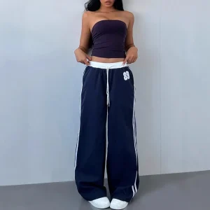 Pantaloni casual a gamba larga a righe americane Pantaloni da donna a vita alta larghi e versatili dal taglio dritto Autunno Inverno Nuovo stile 1