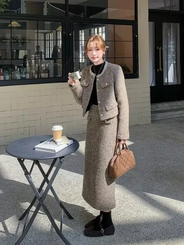 UNXX Elegante stile classico di lana giù giacca a maniche lunghe gonna abiti autunno/inverno 2025 retrò set a due pezzi donna ufficio signora 5