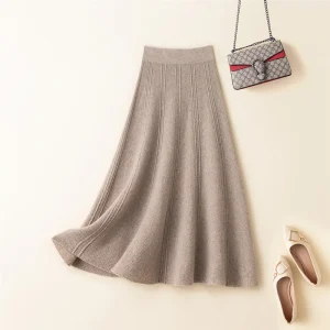 Autunno inverno abbigliamento donna gonna elastico a vita alta gonna a trapezio 100% lana Computer maglione lavorato a maglia gonna coreana a metà polpaccio 1