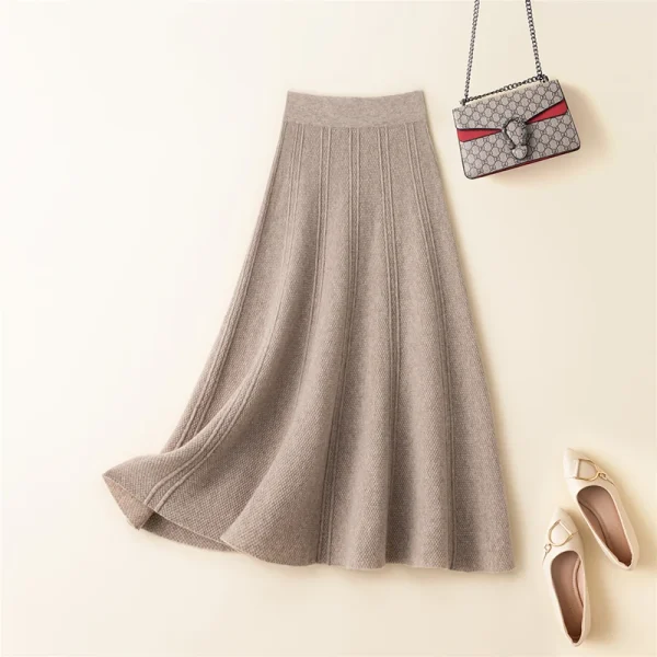 Autunno inverno abbigliamento donna gonna elastico a vita alta gonna a trapezio 100% lana Computer maglione lavorato a maglia gonna coreana a metà polpaccio 1