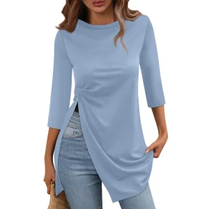 T-shirt da donna estiva minimalista tinta unita moda Casual con orlo diviso girocollo manica a tre quarti top Skinny traspiranti 1