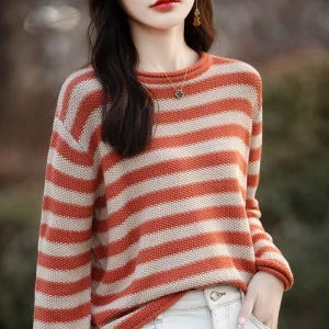 Donna 100% cotone maglione autunno inverno arricciato o-collo Pullover manica lunga fondo strisce colorate maglieria abbigliamento sciolto 1