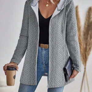 Felpa con cappuccio con cerniera in tinta unita con struttura alla moda da donna elegante direzionale 1