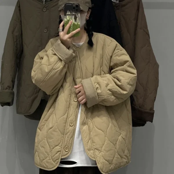 Giacca trapuntata vintage coreana Autunno Inverno Cappotto in cotone caldo Cappotto leggero da donna Manica lunga Design con bottoni Top streetwear 6