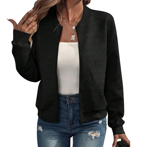 Giacca casual da donna autunno e inverno nuova tinta unita semplice e squisita con cerniera e colletto da baseball 3