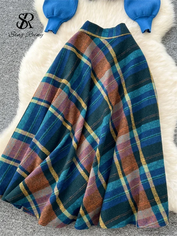 SINGREINY Moda Primavera Lavorato A Maglia Due Pezzi Set Donne Pullover Allentati + Plaid Una Linea Gonna Lunga High Street Stampa Abiti Casual 4