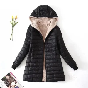Nuova edizione coreana di media lunghezza con cappuccio giacche da donna autunno inverno cappotti di cotone da ufficio di media lunghezza caldo pile di agnello Parka jack 1