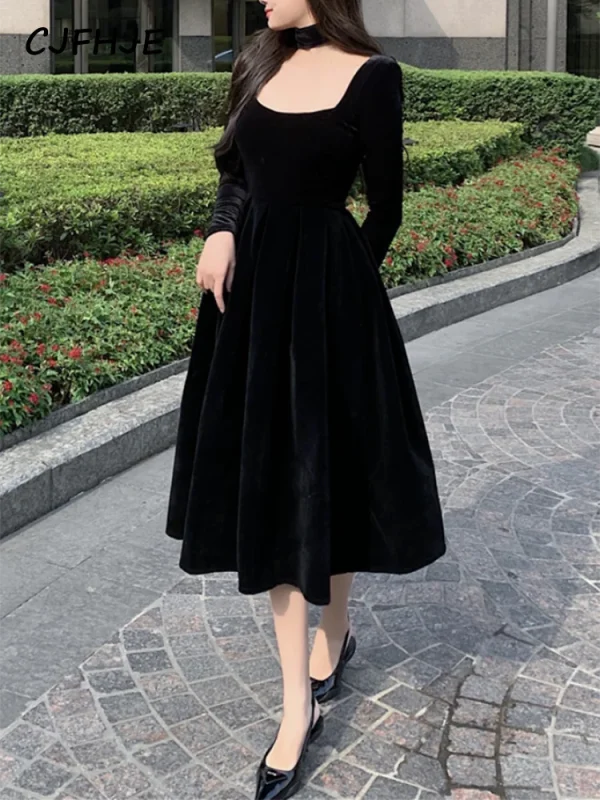 CJFHJE Black Velvet Evening Party Midi Dresses France Vintage Elegant Lady Dress New Winter coreano One Piece Dress donna autunno 5