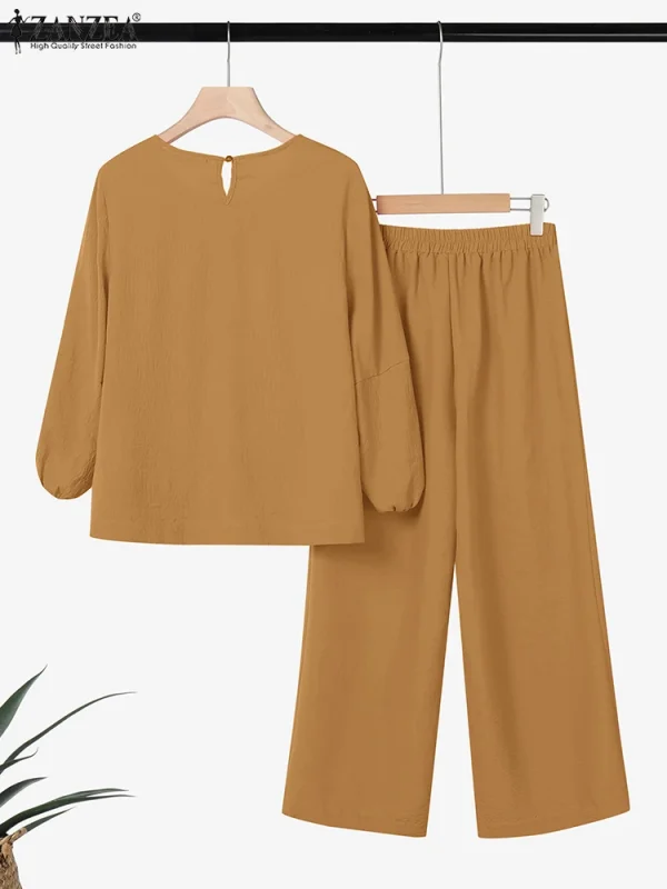 ZANZEA Donna Due Pezzi Outfit 2025 Moda Top a Manica Lunga Autunno Casual Solido A Vita Alta Pantaloni Lunghi Set 2PCS Abiti Tuta 2