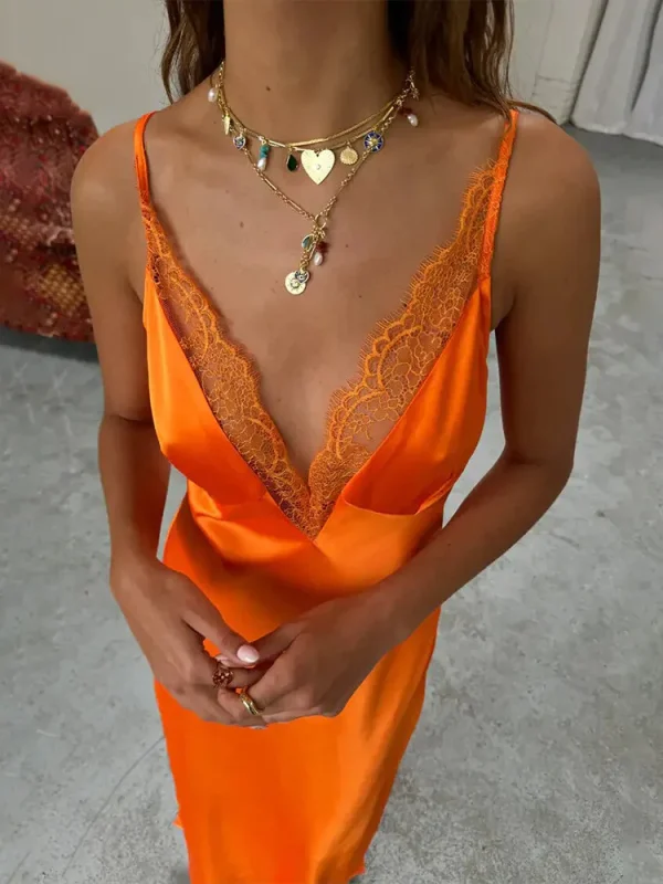 Apprabant Abito maxi sottoveste in raso patchwork di pizzo da donna Scollo a V profondo Abito lungo sottile a contrasto senza maniche sexy senza schienale Partyywear 4