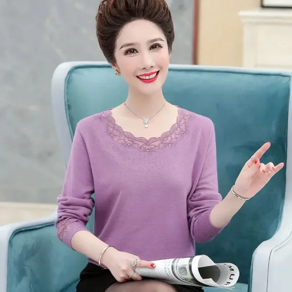 2024 Nuovo Autunno Top Lavorato a Maglia Persone di Mezza Età e Anziani Autunno e Inverno Camicia di Mezza Età Moda Donna Vestiti di Lana P1 3