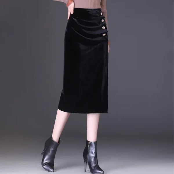 Gonna avvolgente di media lunghezza in velluto dorato per donna con spacco laterale Elegante tessuto in poliestere stile pendolare d'affari aderente 2