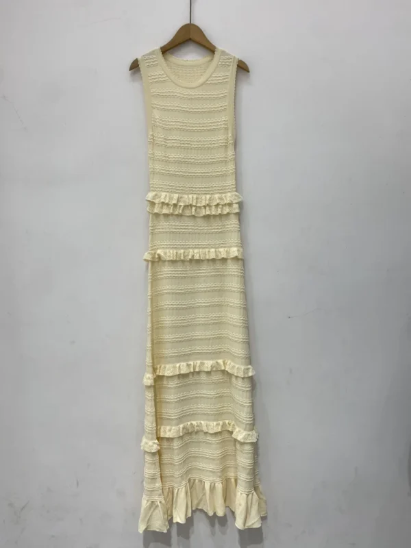 Abito longuette sottile con scollo a barchetta in maglia senza maniche da donna con volant o maglione cardigan monopetto a maniche lunghe 5