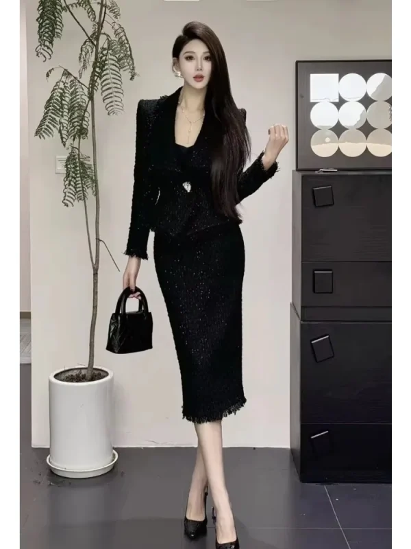 UNXX Classic Style Suit Autumn/Winter Elegant Tweed Jacket with High-Waisted Bodycon Long Skirt Two-Piece Set for Women Female 3