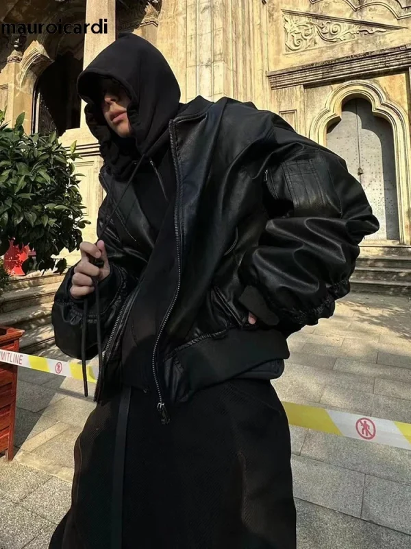 Mauroicardi Autunno Inverno Oversize Fresco Nero Addensato Caldo Pu Pelle Bomber Giacca da Uomo Cappuccio di Lusso Designer Falso 2 Vestiti 3