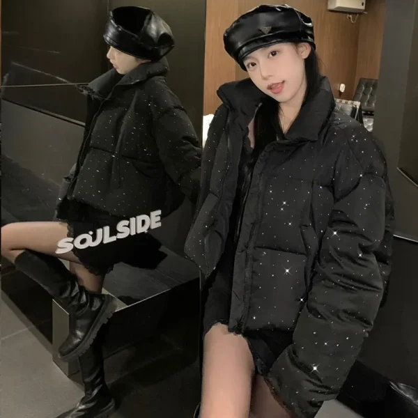Donna autunno inverno elegante piumino cappotti chic corto con cerniera Parka cappotto moda coreana giacca con colletto alla coreana capispalla solido 3