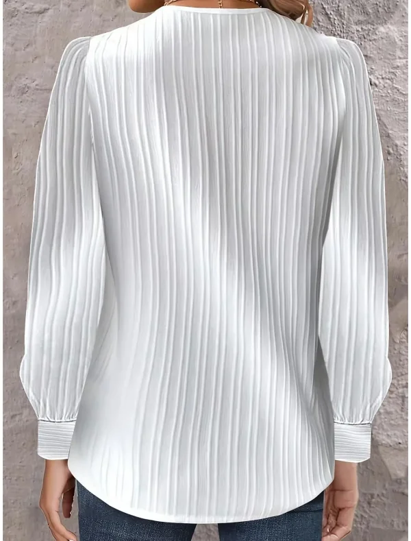 Boho Camicetta bianca da donna Top Autunno Casual Semplice scollo a V Bottoni Camicia a pieghe a maniche lunghe nera T-shirt da donna allentata 4