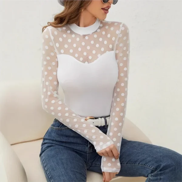 Nuova maglietta autunno e inverno in pizzo patchwork a pois da donna a maniche lunghe con colletto rialzato è dimagrante e versatile 3
