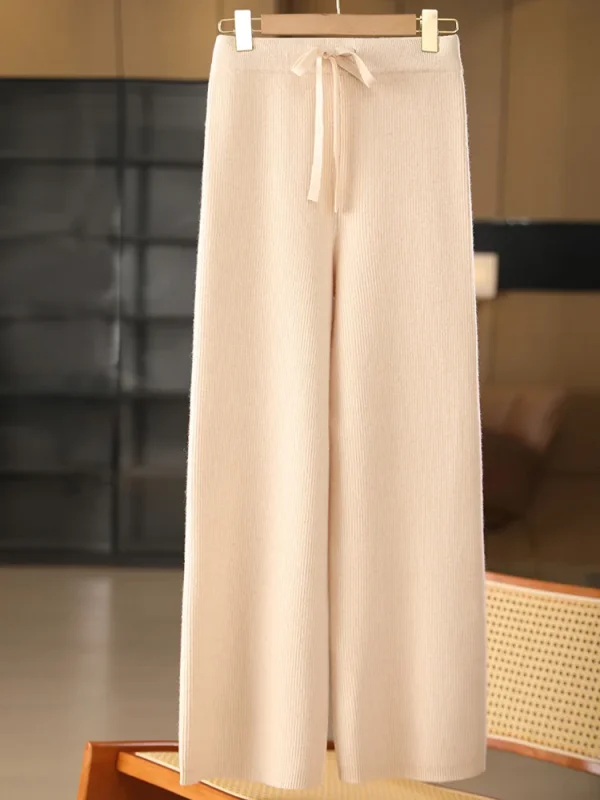 Pantaloni larghi in lana da donna chic Vita elastica in cashmere a righe Autunno Inverno 100% lana merino Maglieria Pantaloni casual semplici 5