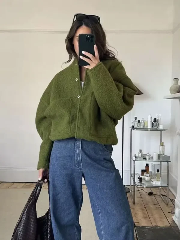 Moda donna con tasche giacca bomber oversize cappotto vintage manica lunga bottone a pressione capispalla femminile top chic 4
