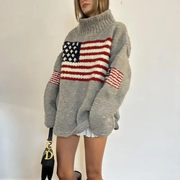 Maglione lavorato a maglia con stampa bandiera senso design europeo e americano autunno e inverno maglione pullover girocollo allentato casual 3