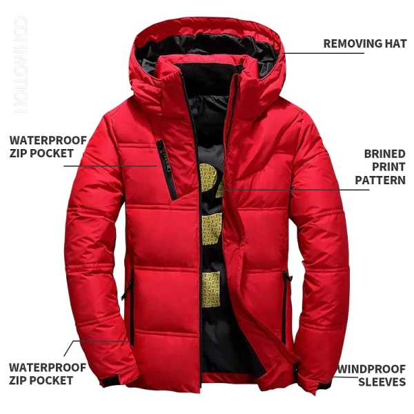 Piumino d'anatra bianco da uomo Cappotto invernale da uomo Berretto rimovibile antivento Parka Tinta unita Cappotto casual con cappuccio da esterno 3